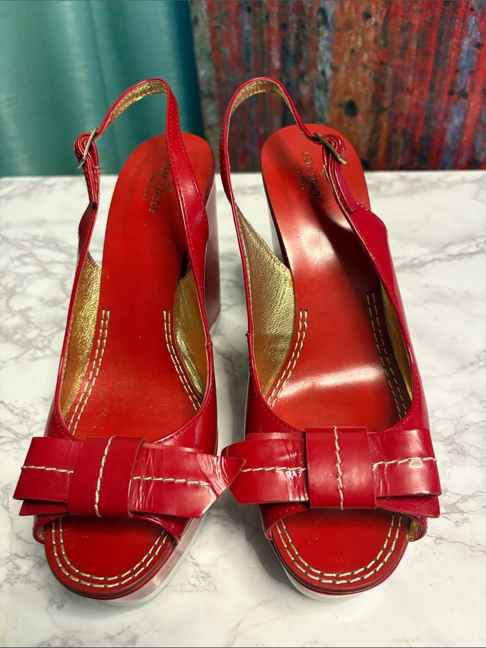 kate spade Red Patent wedge Slingback Heels with Bow Detail